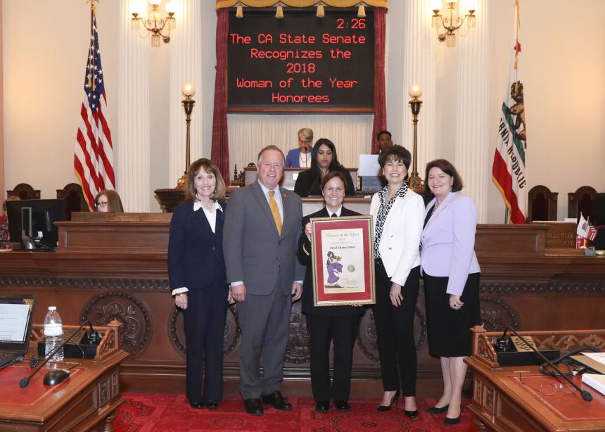 Chief Shana Jones was recognized this week as Woman of the Year for Senate District 3 in the Senate Chamber at the State Capitol. Also pictured Senator Pat Bates, Senator Bill Dodd, Senator Connie Leyva, and Senator Toni Atkins.