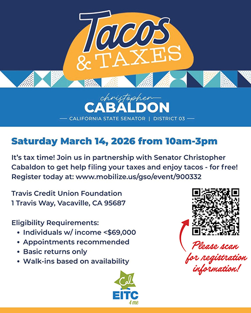 Tacos and taxes flyer in English