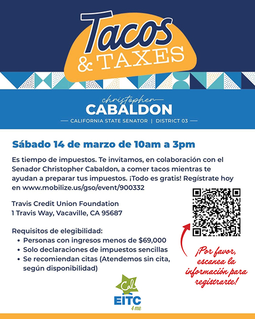 Tacos and taxes flyer in Spanish